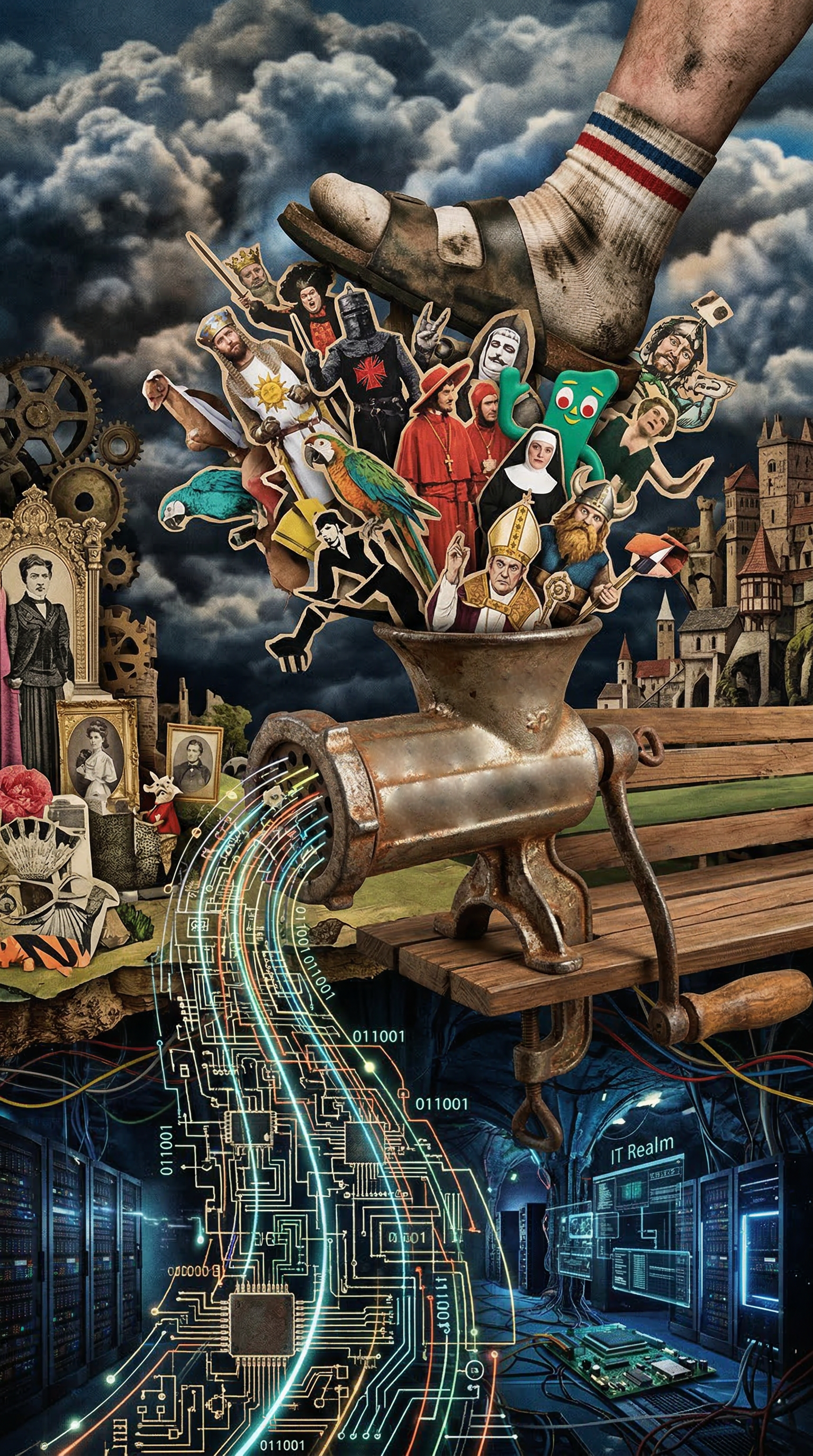 Random crap from all time, getting pushed into a meat grinder by a giant foot - and coming out as the digital age of circuitry